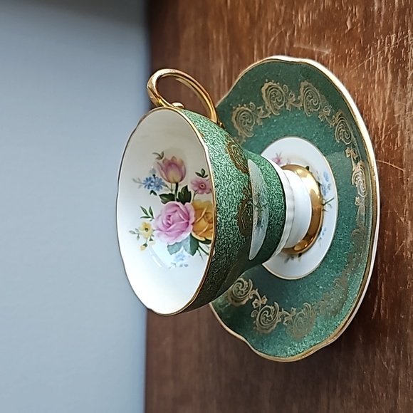 Foley Bone Chine E.B 1950 Teal and Gold with Rose and Spring Flowers - Picture 1 of 4